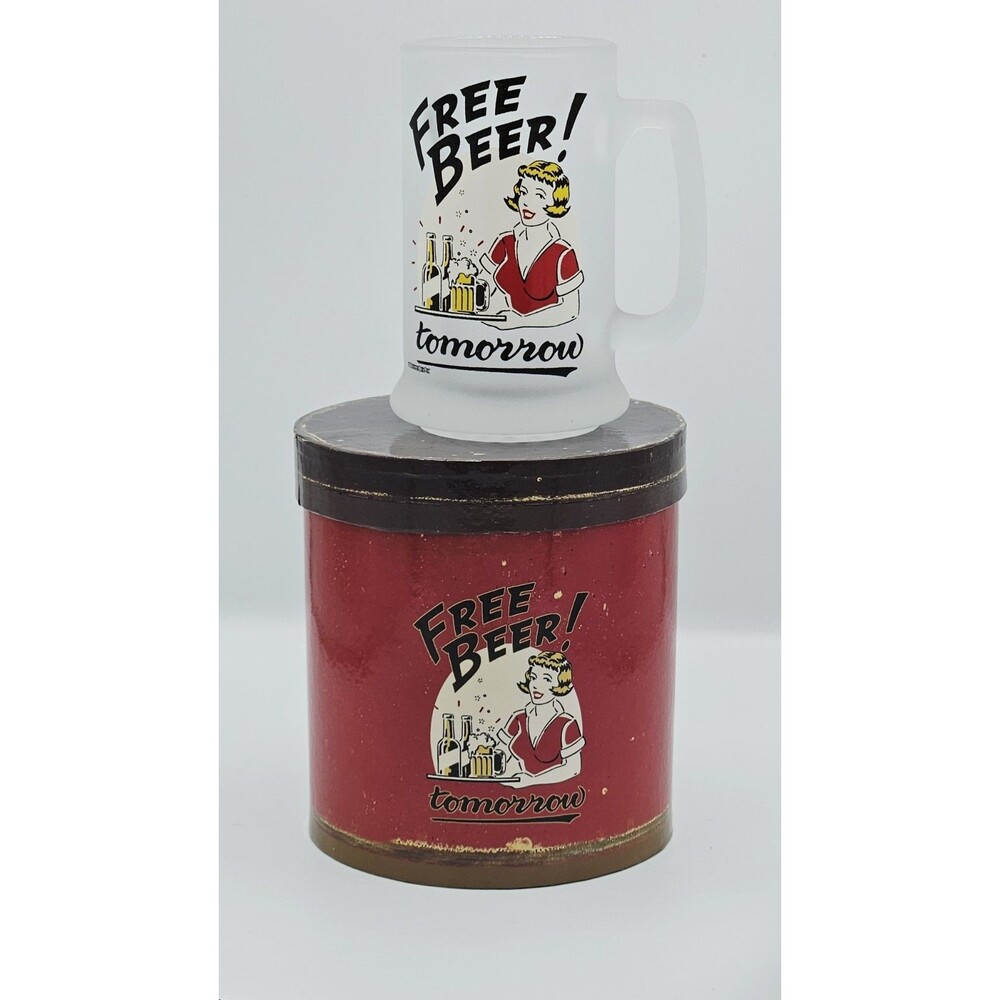 Vtg Santa Barbara Free Beer! Tomorrow 14 Oz Frosted Glass Mug With Box